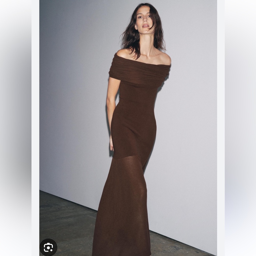Zara Off-Shoulder Brown Fitted Maxi Dress